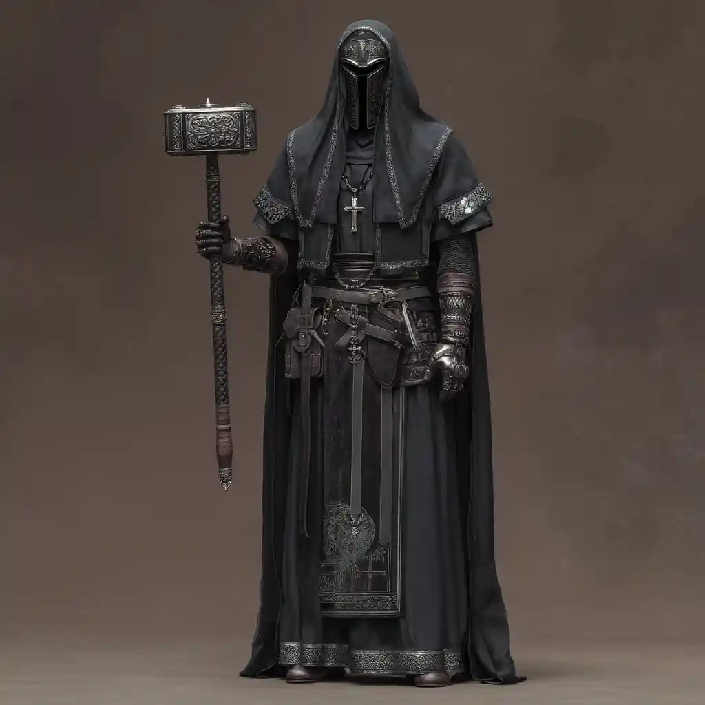 Dark fantasy zealot warrior in black and silver vestments