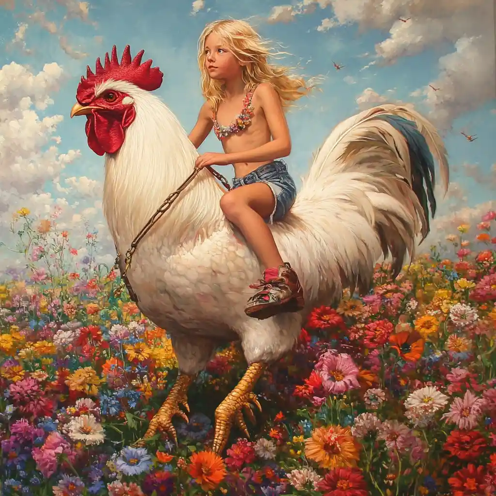 Giovane ragazza che cavalca un gigantesco gallo bianco tra i fiori