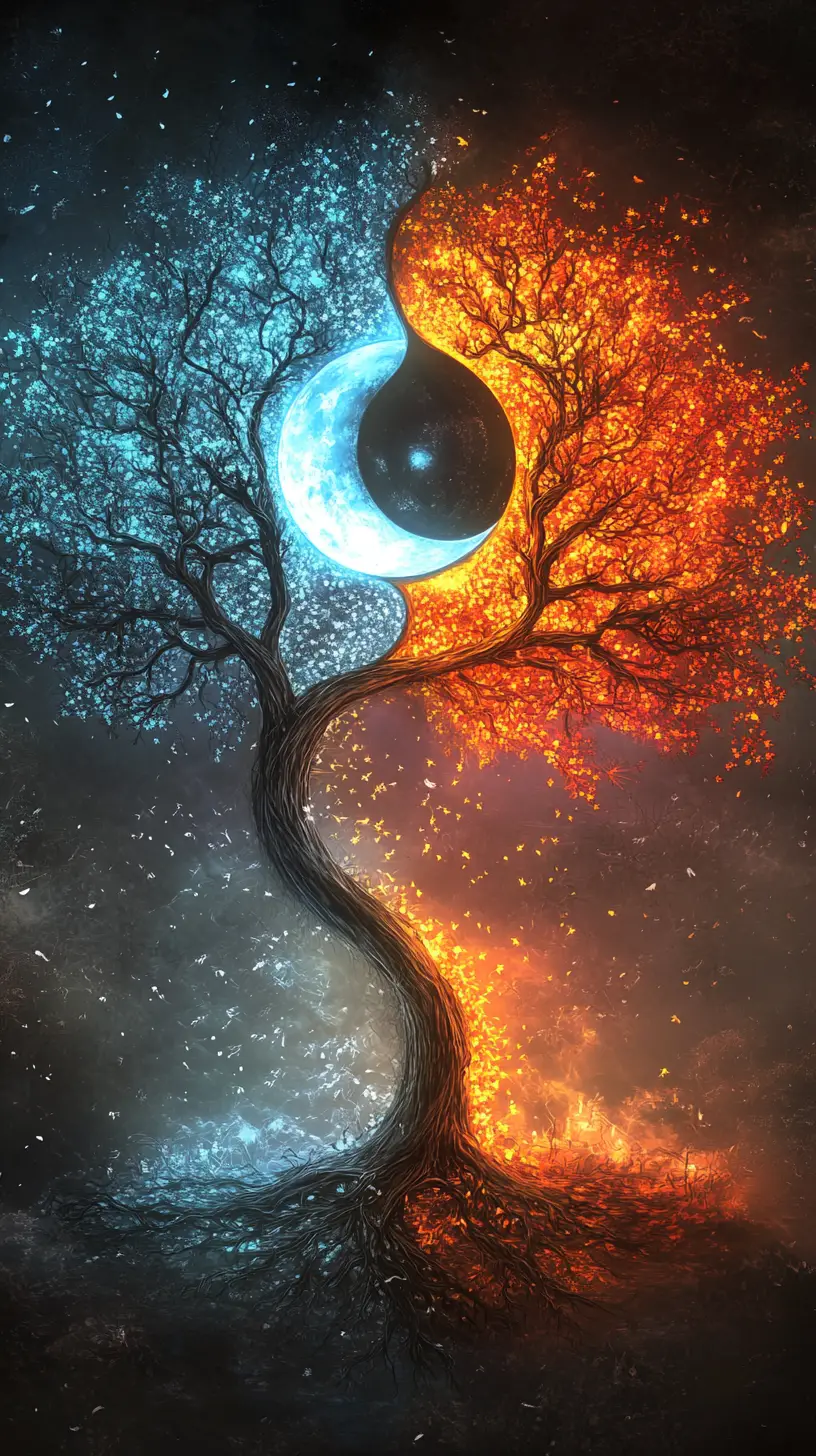 Glowing Yin Yang With Intertwined Dark And Light Trees