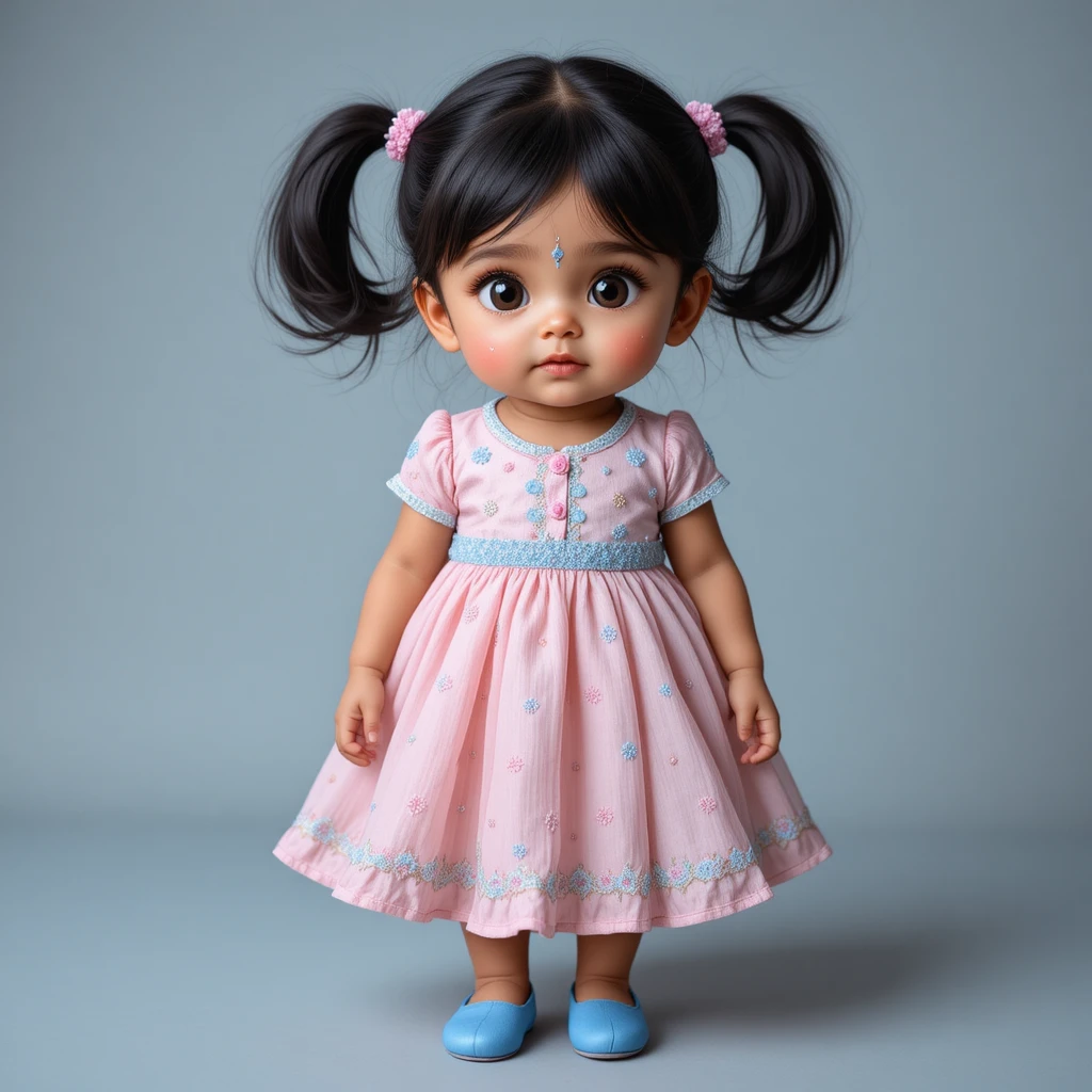 Dolce ragazza dagli occhi grandi con vestito rosa e blu