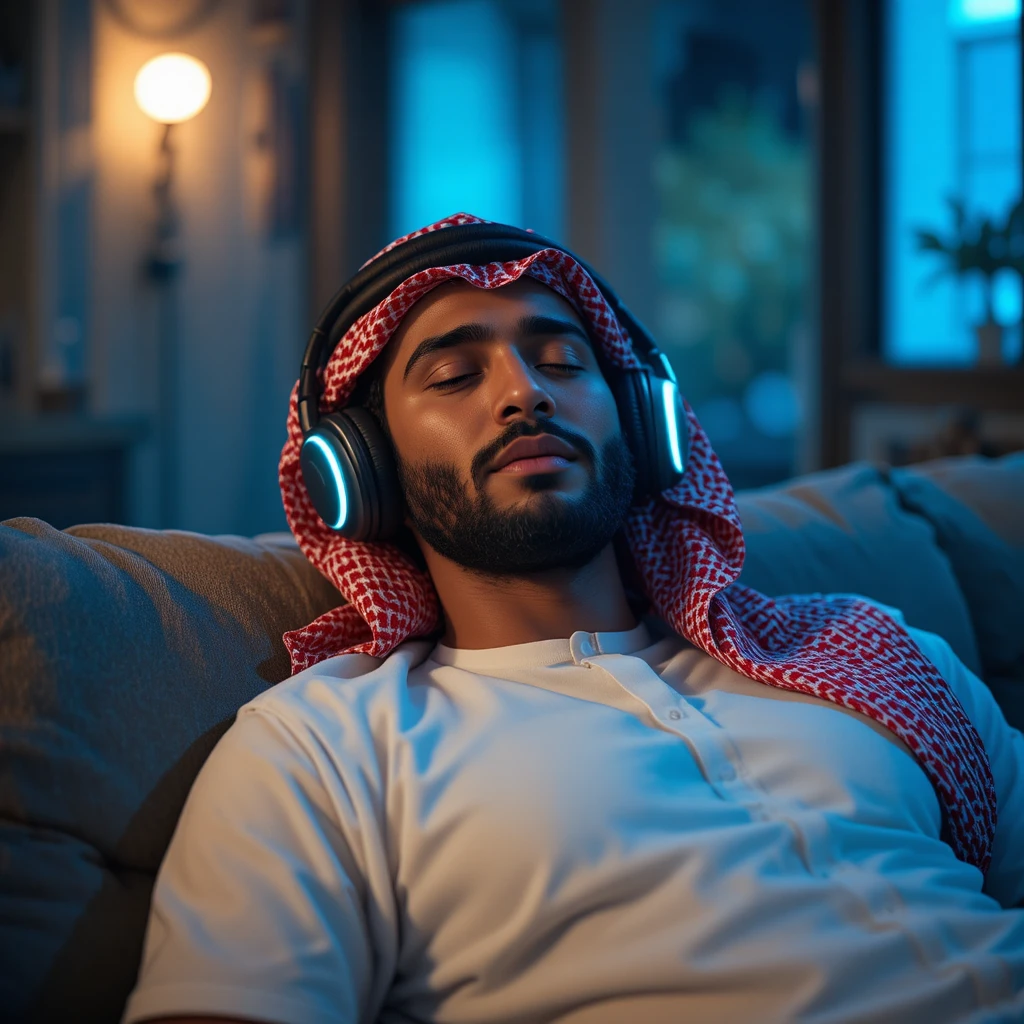 Uomo mediorientale che si rilassa di notte con le cuffie