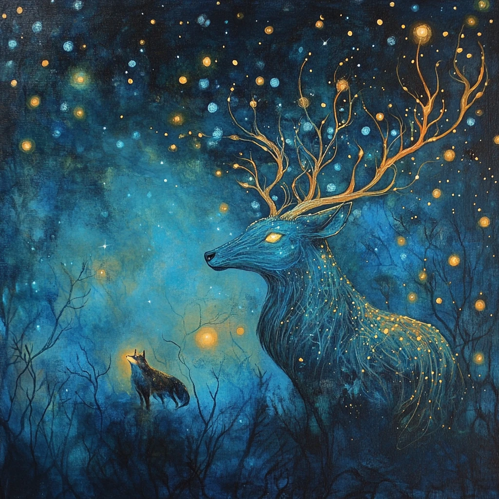 Cervo luminoso em uma floresta encantada e tranquila