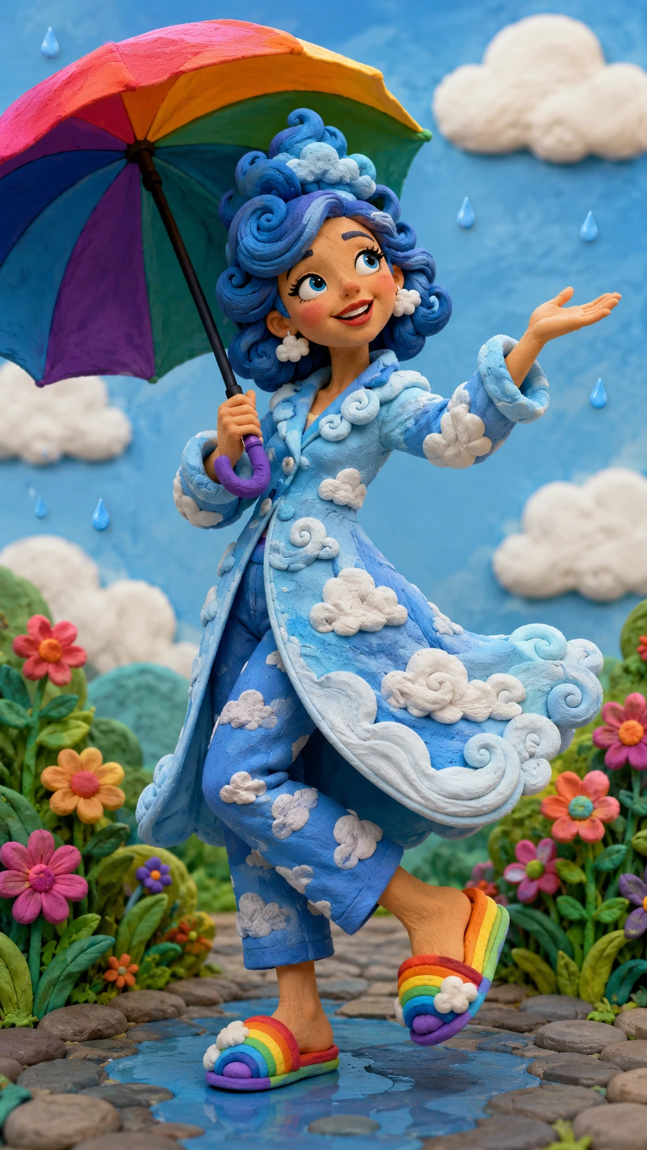 Mulher em claymation com roupa inspirada no céu e guarda-chuva