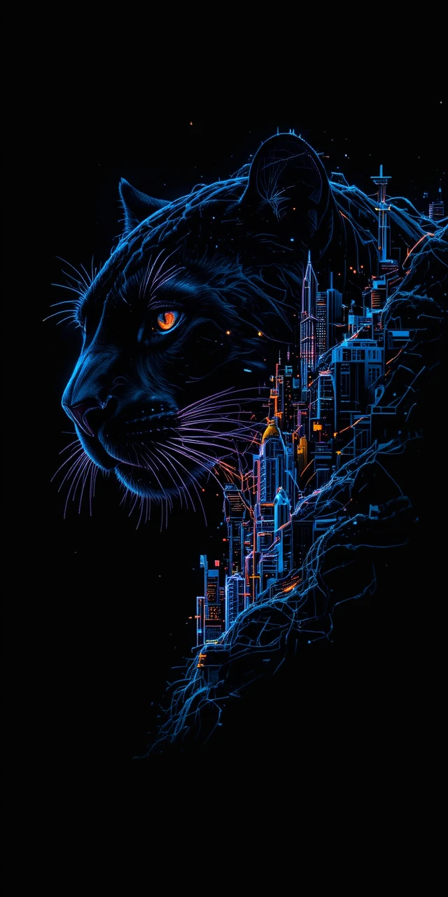 Pantera neon surreal em dupla exposição onírica