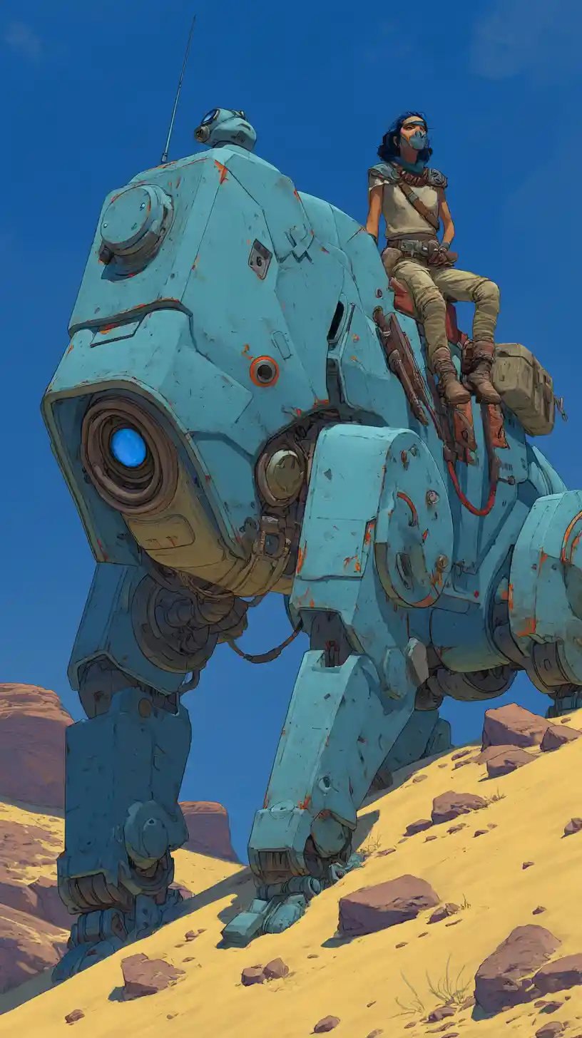 Einsamer Späher reitet auf einem robotischen Reptil eine Wüstenhang hinab