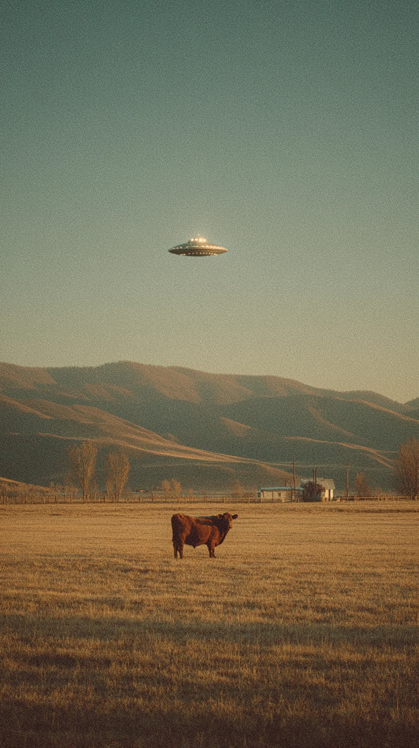 UFO와 소가 있는 빈티지 필름 스타일 황혼 풍경