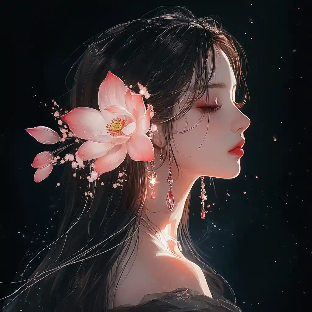 Ethereal anime woman with glowing lotus flowers