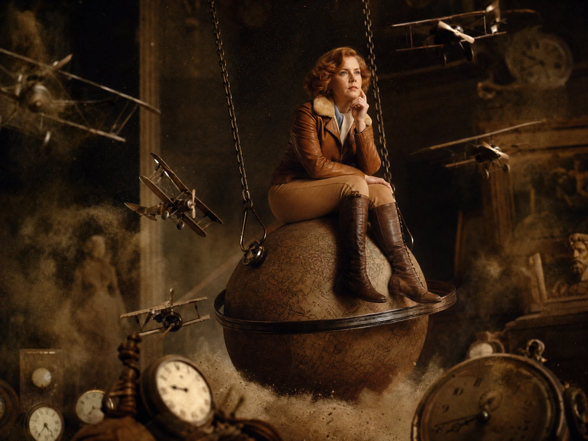 Mulher vintage em pose de pensadora sentada sobre um globo