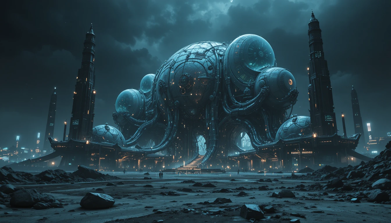 Base lunar biomecânica com arquitetura sci‑fi surreal