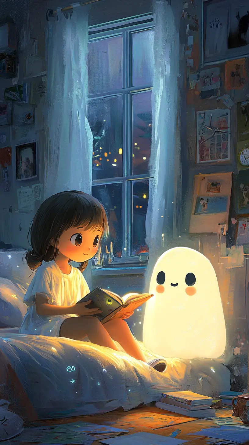 與發光幽靈同伴一起閱讀的動畫少女