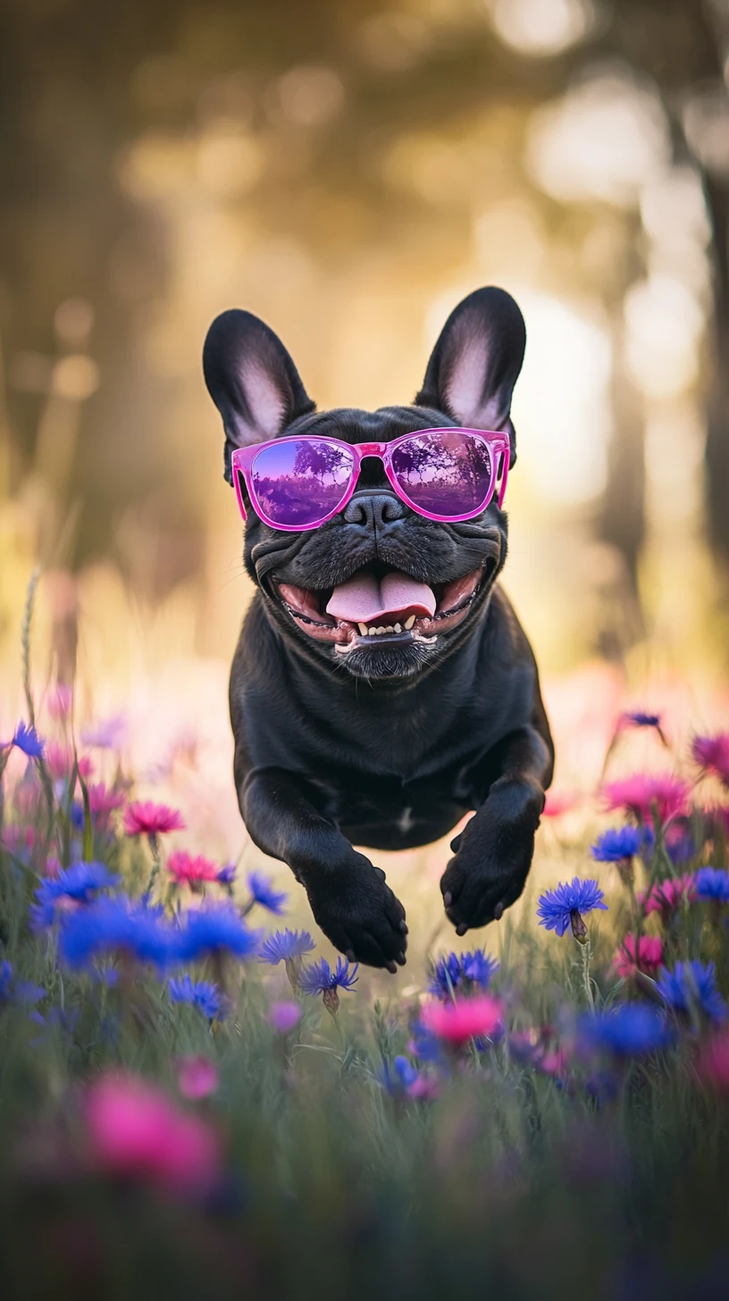 Buldogue francês correndo em um campo de centáureas em foco suave