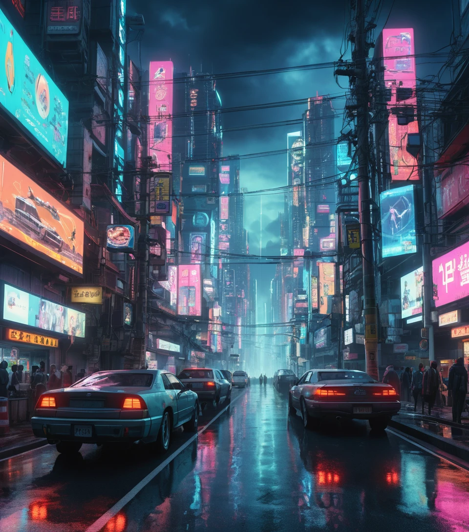 Close-up de rua de cidade cyberpunk iluminada por neon à noite