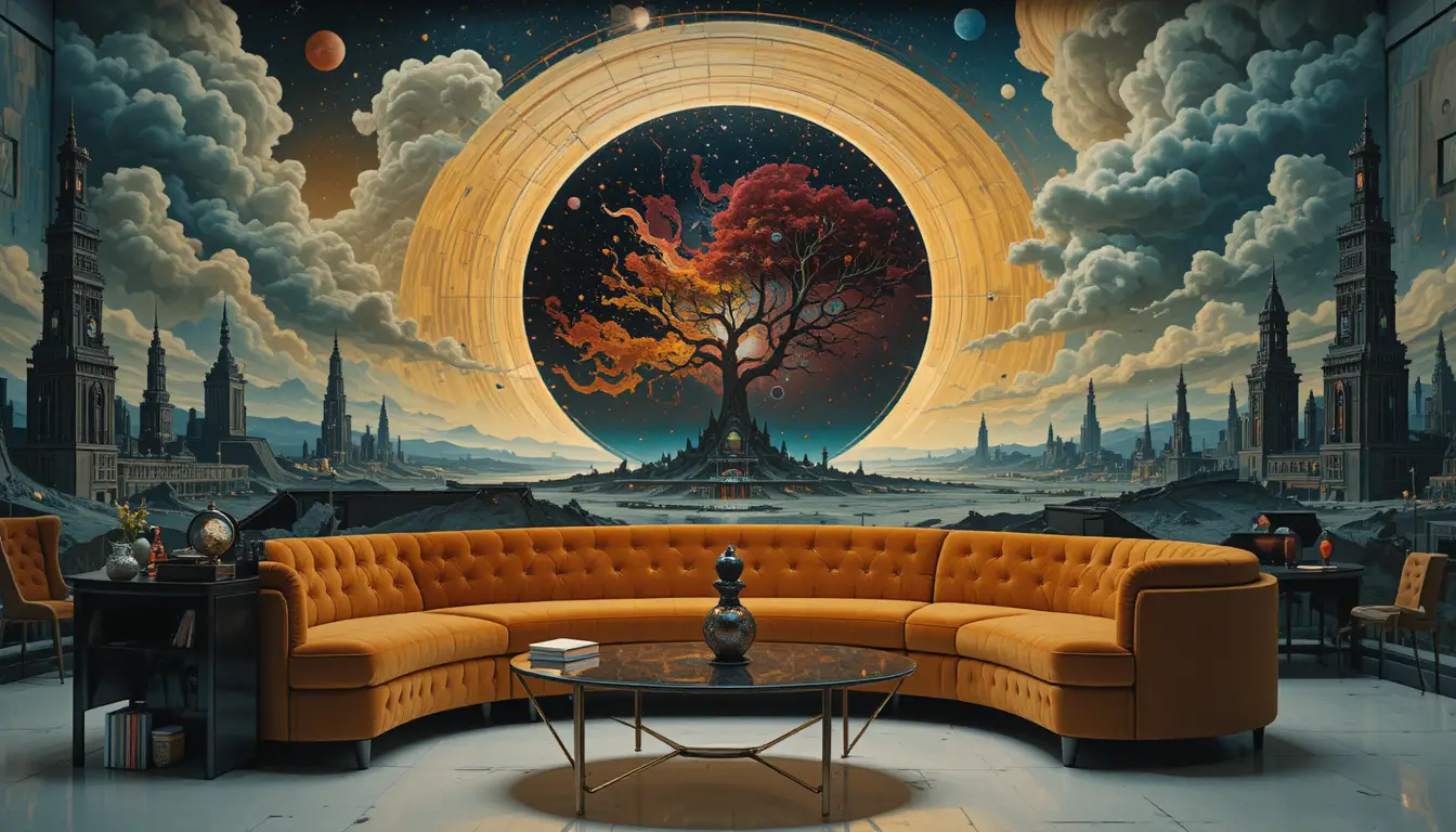 Salon surréaliste avec canapé en velours et tableau cosmique