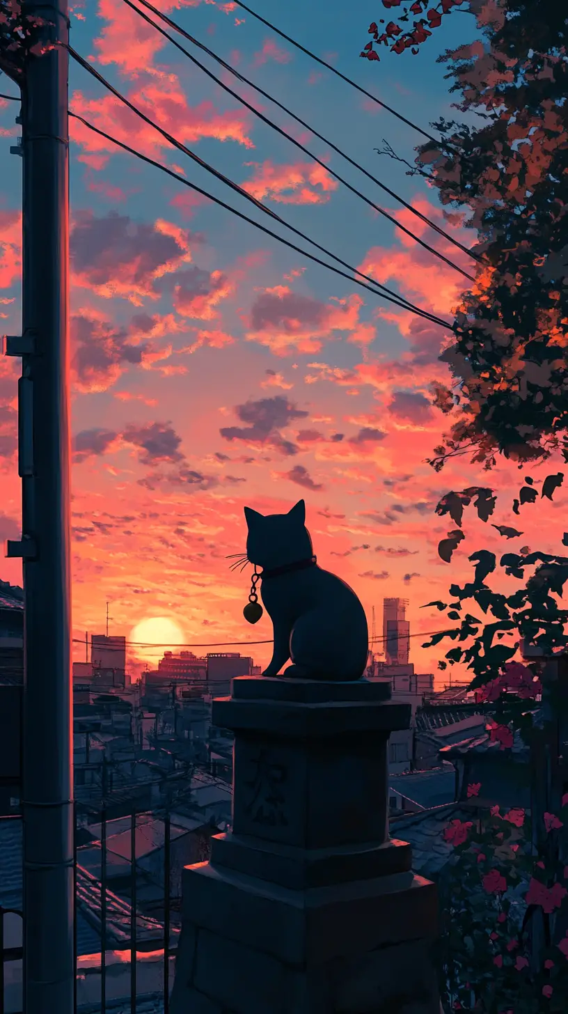 Statue de chat anime avec clochette au crépuscule romantique de la ville