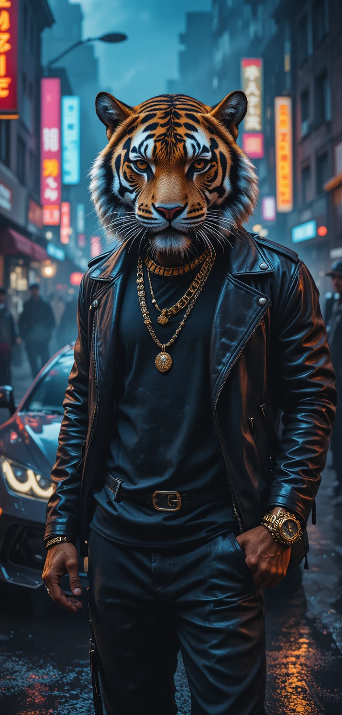 Tigre gângster saindo de carro de luxo à noite