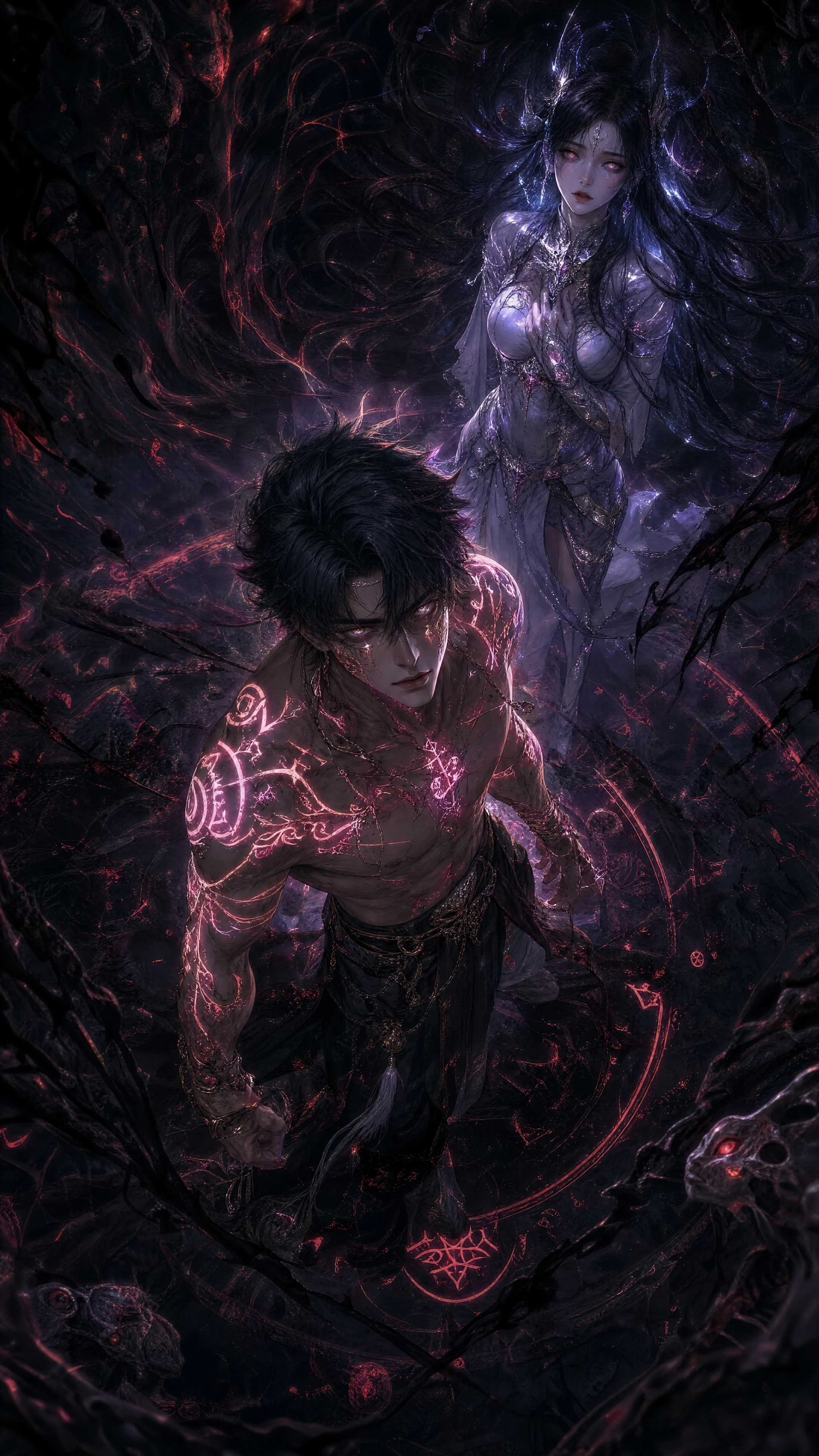 Vue plongeante d’un guerrier fantastique marqué de runes