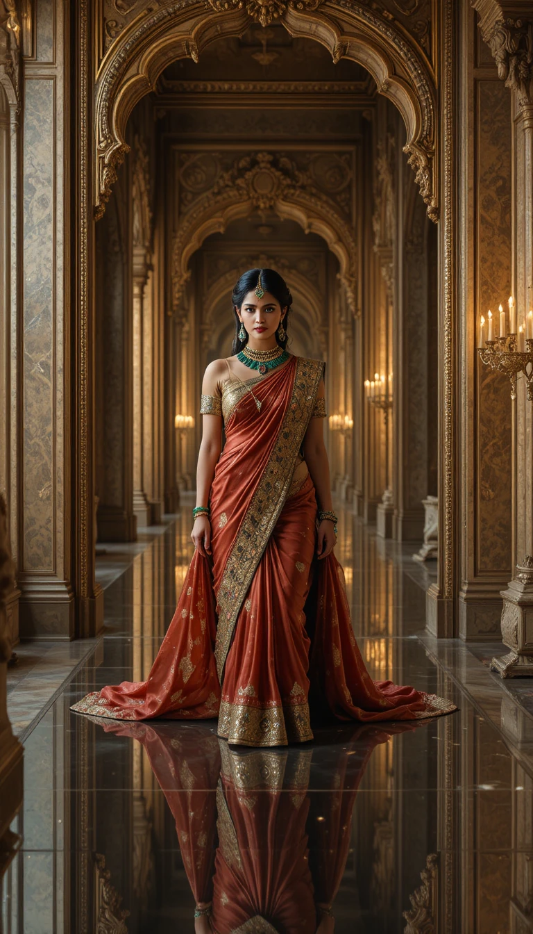 Elegante donna indiana in una sala di palazzo in arenaria con specchi