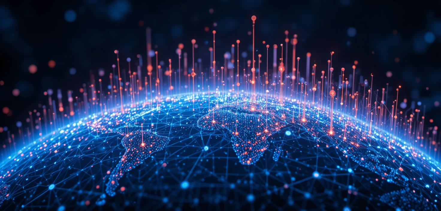 Globales digitales Datennetzwerk, das aus einer dunkelblauen Erde aufsteigt