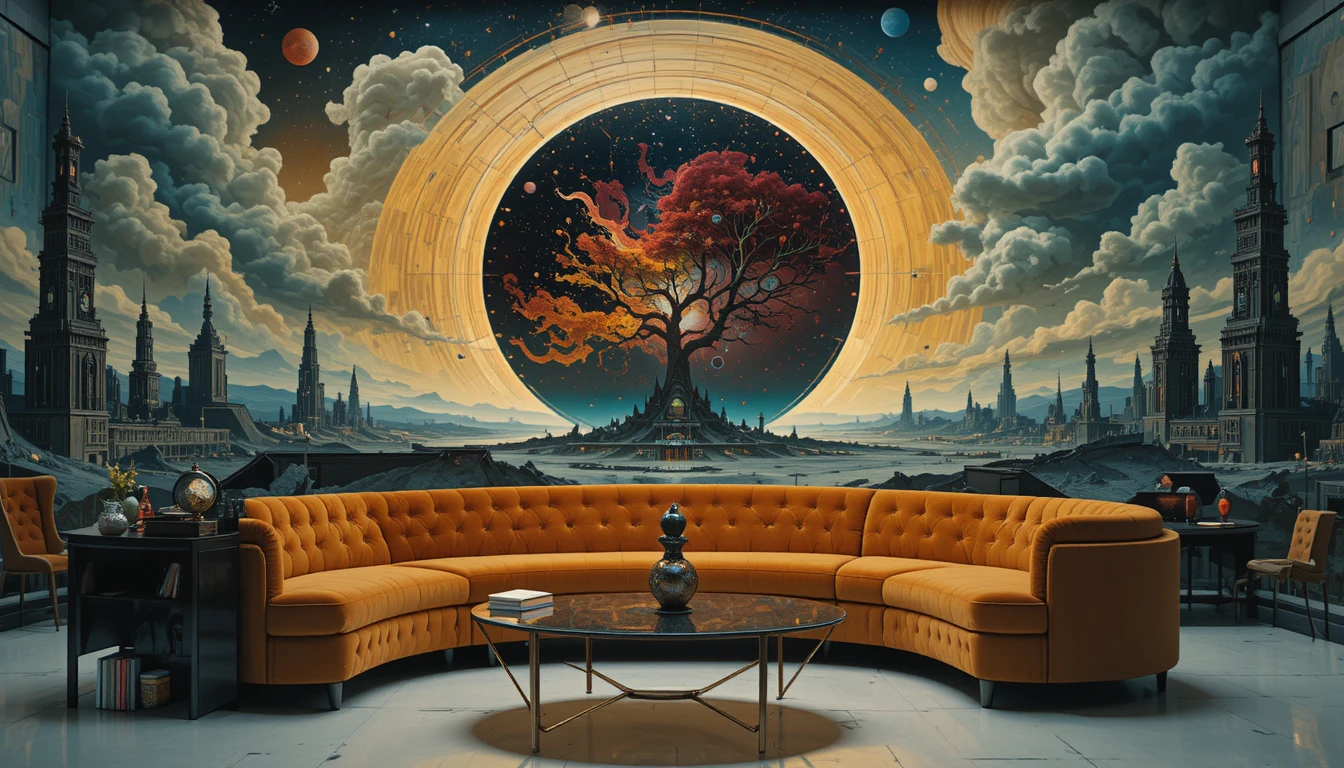 Sala de estar surreal com sofá de veludo e pintura cósmica