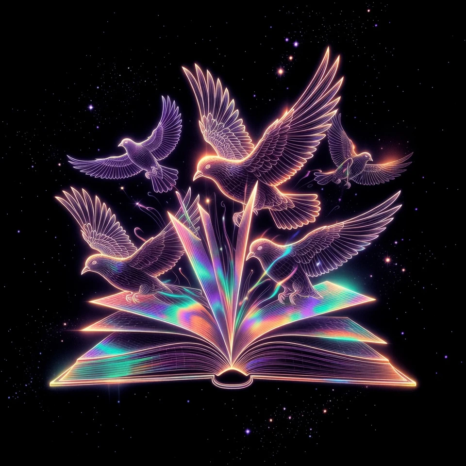 Libro al neon che si trasforma in uccelli luminosi nello spazio cosmico