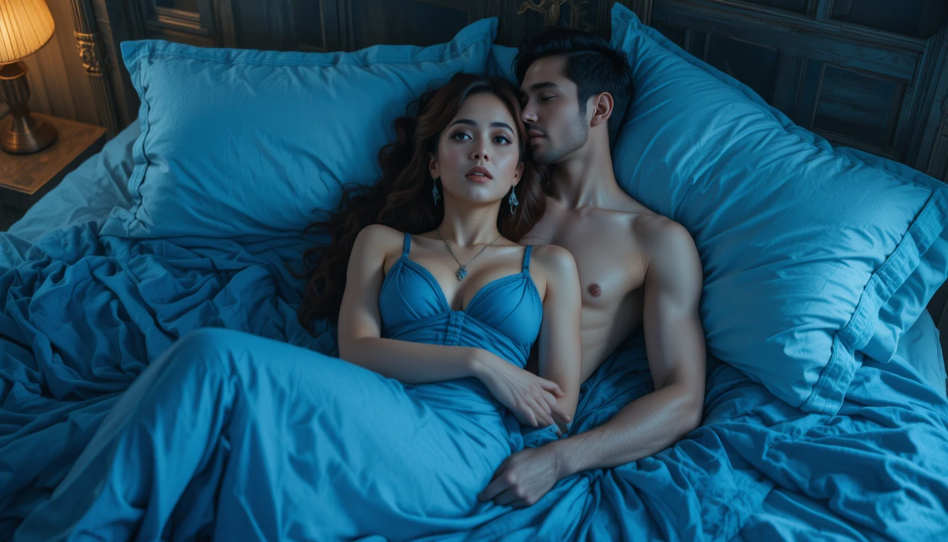 Casal romântico se abraçando em uma cama à luz suave