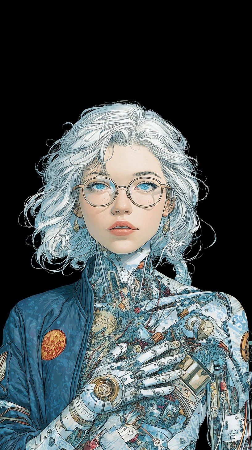 Cyborg-Frau mit weißen Haaren in futuristischem Maschinenkörper