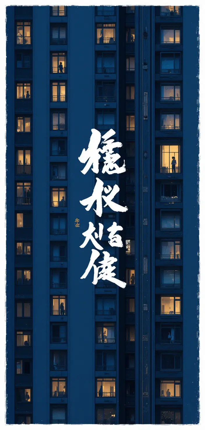 Night city apartment facade with one glowing window