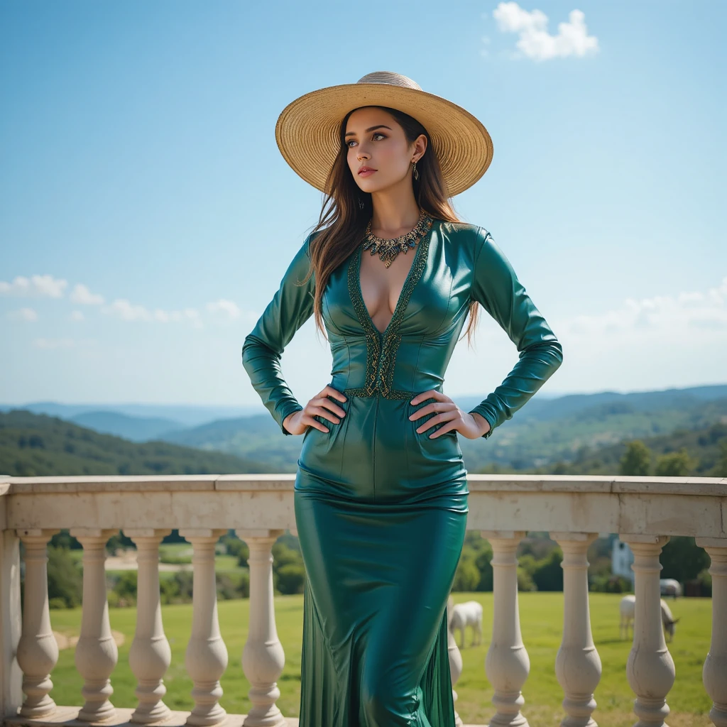 Mulher elegante na varanda com vestido verde de couro