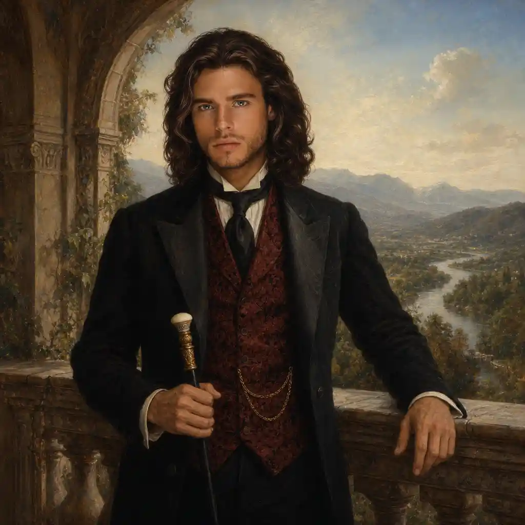 Young victorian man on a balcony with walking stick