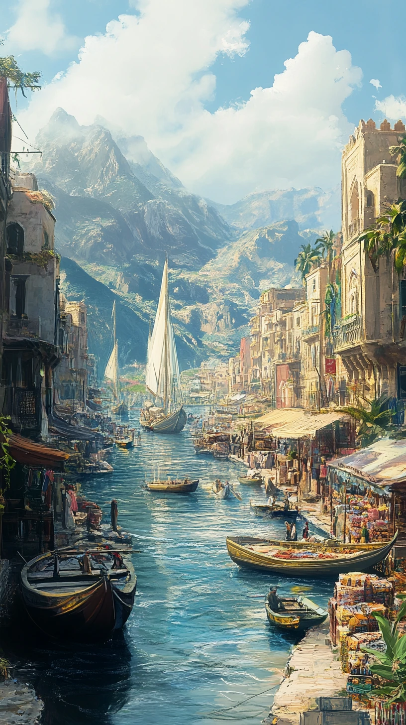 Vista em anime de rua de cidade árabe com barcos no canal