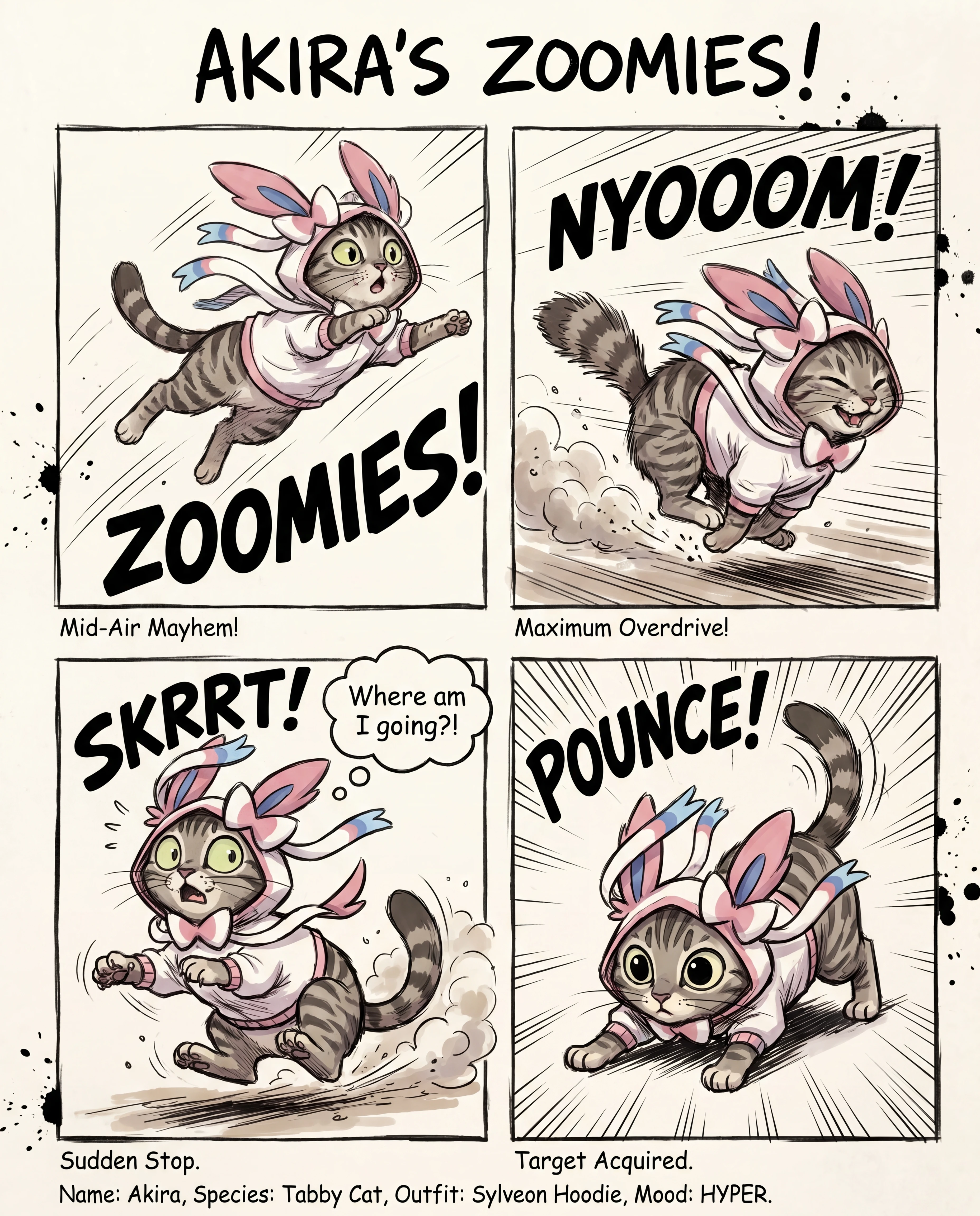 Gato de desenho animado hiperativo com zoomies em estilo de quadrinho de sketchbook