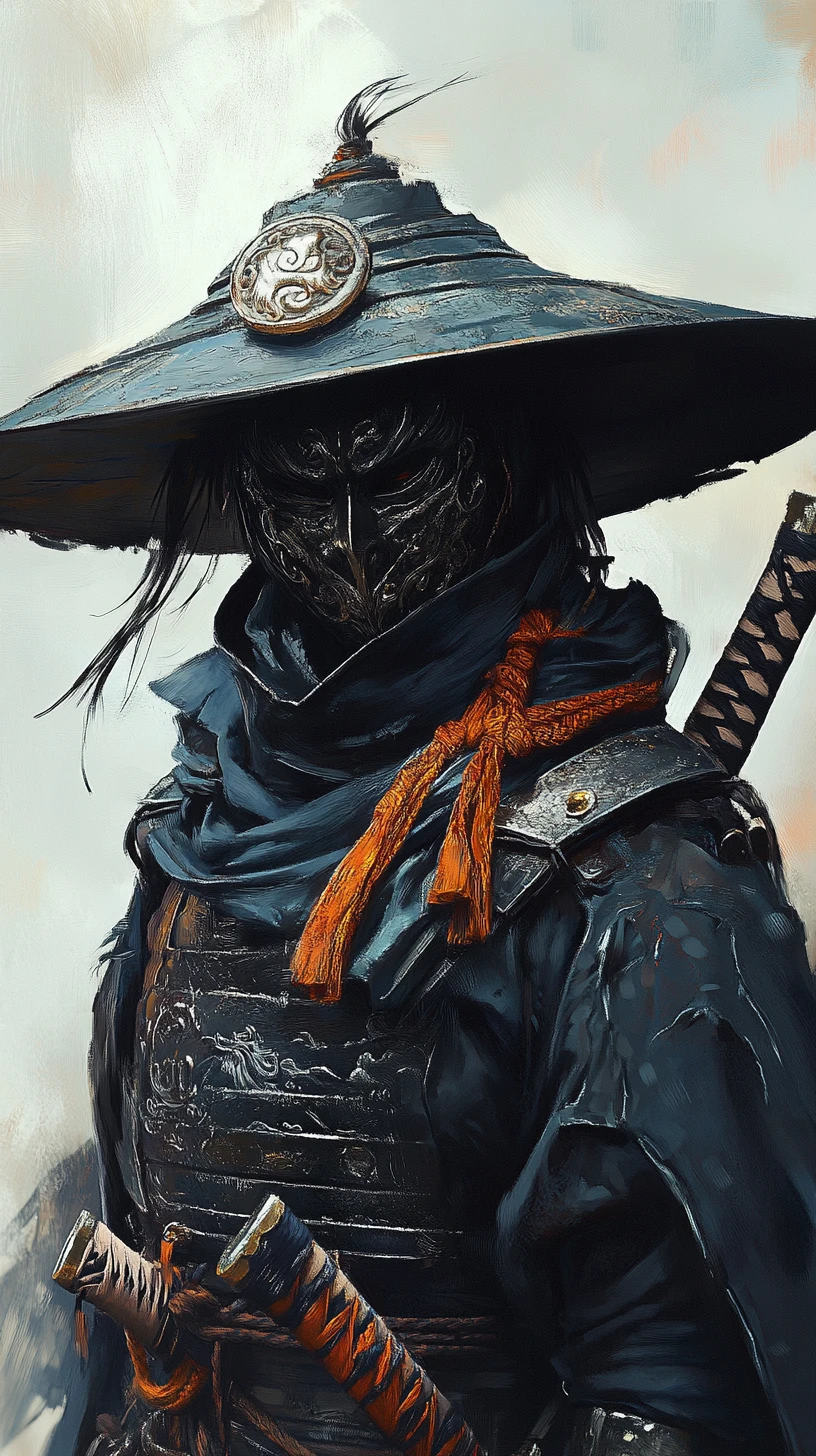 Porträt eines gepanzerten Kriegers mit kunstvoller Oni-Maske und Hut
