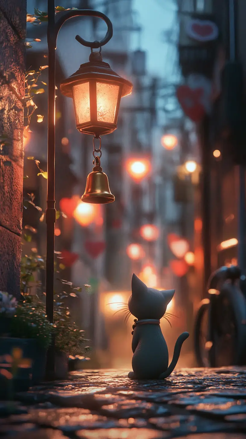 Statue de chat anime avec clochette au crépuscule d’une ville romantique