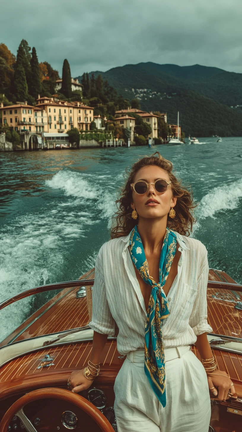 Femme élégante pilotant un bateau à moteur vintage en bois sur le lac de Côme