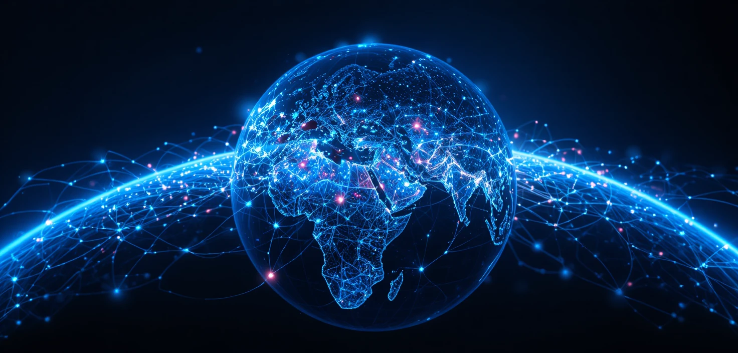 Panoramische 3D-Erde mit neonfarbenem globalem Datennetzwerk