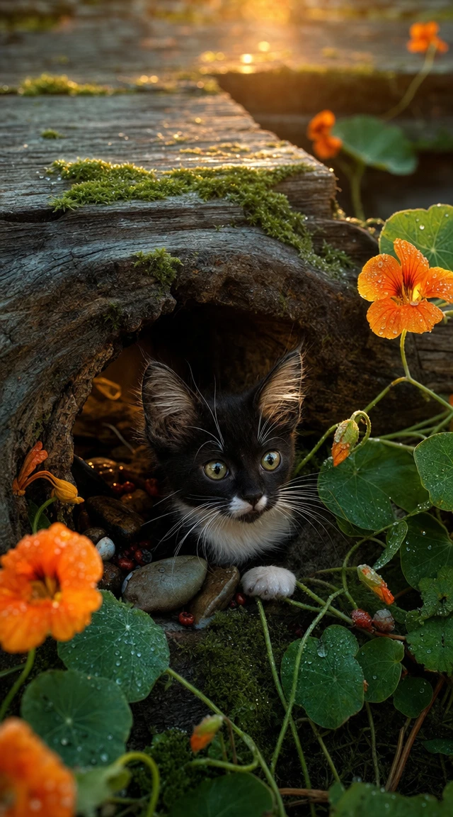 Chaton tuxedo dans un nœud d’arbre moussu au coucher du soleil