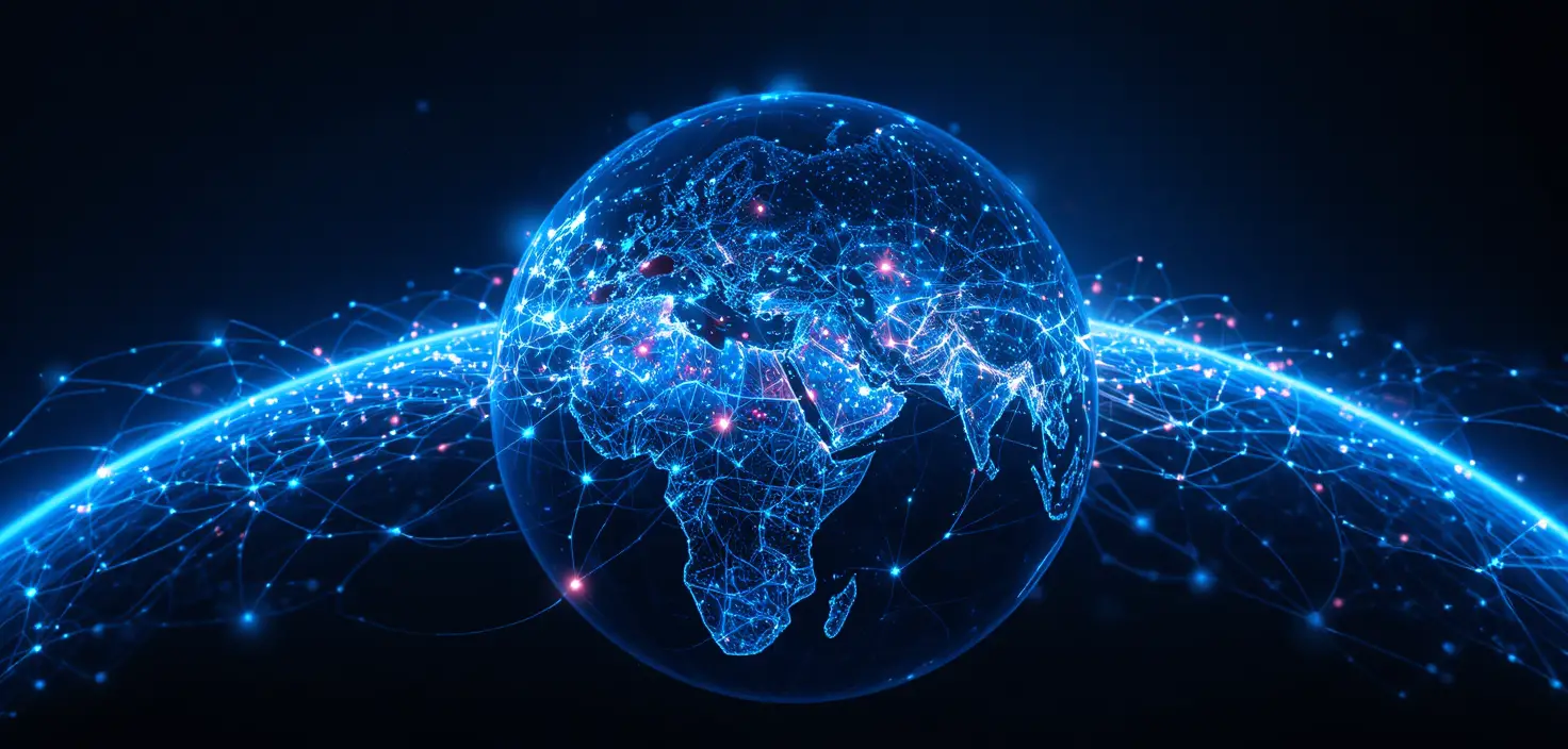 Panoramische 3D-Erde mit neonfarbenem globalem Datennetzwerk
