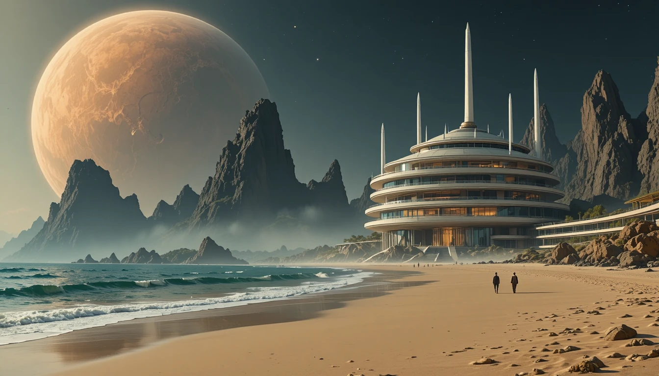 Futuristisches Strandresort unter einem kolossalen Alien-Planeten