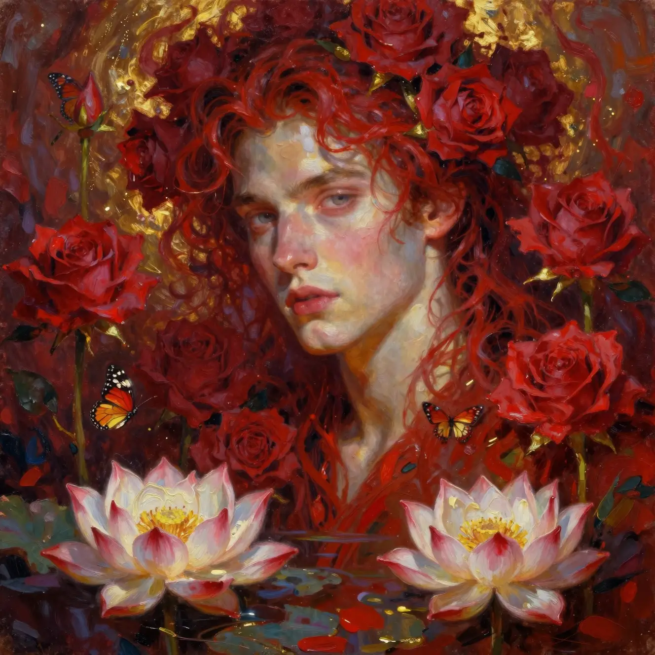 Dreamlike portrait of a young man surrounded by roses