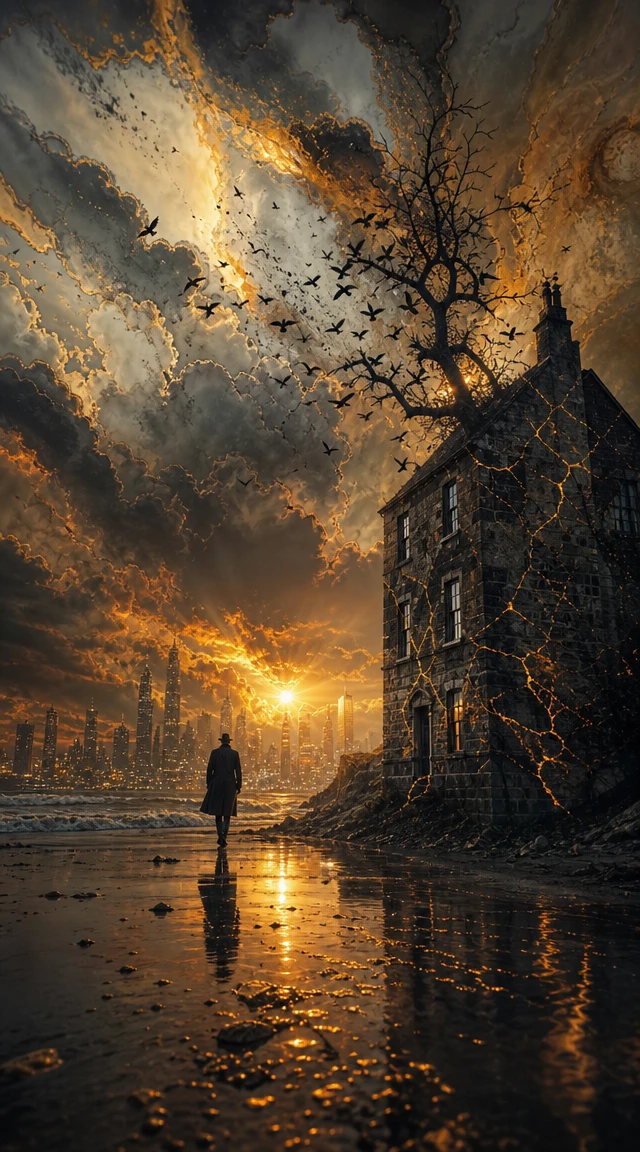 Stürmisches Haus im Sonnenuntergang mit Blick auf den tosenden Ozean