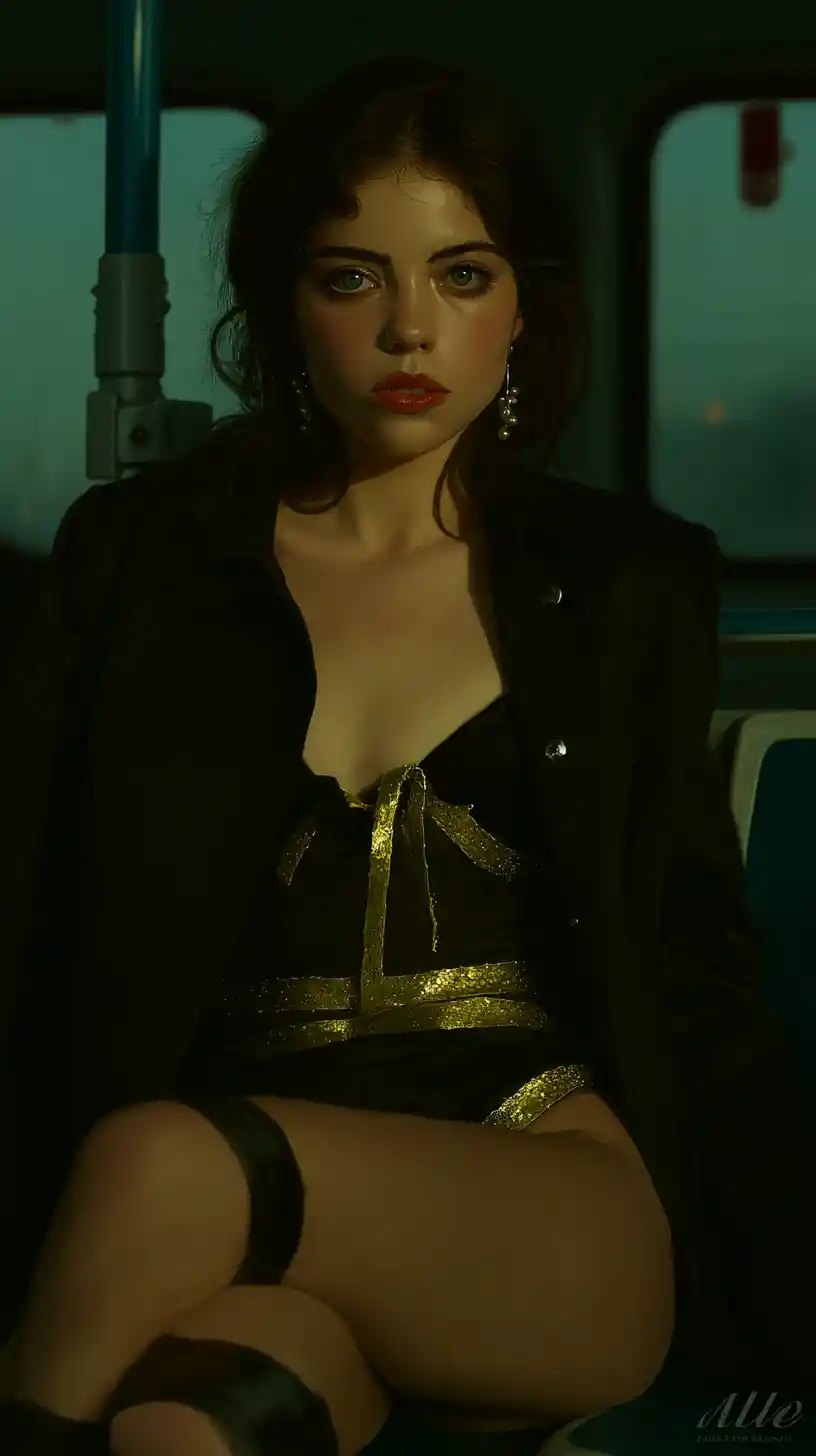 Mulher em ônibus matinal com luz do sol romântica e cinematográfica