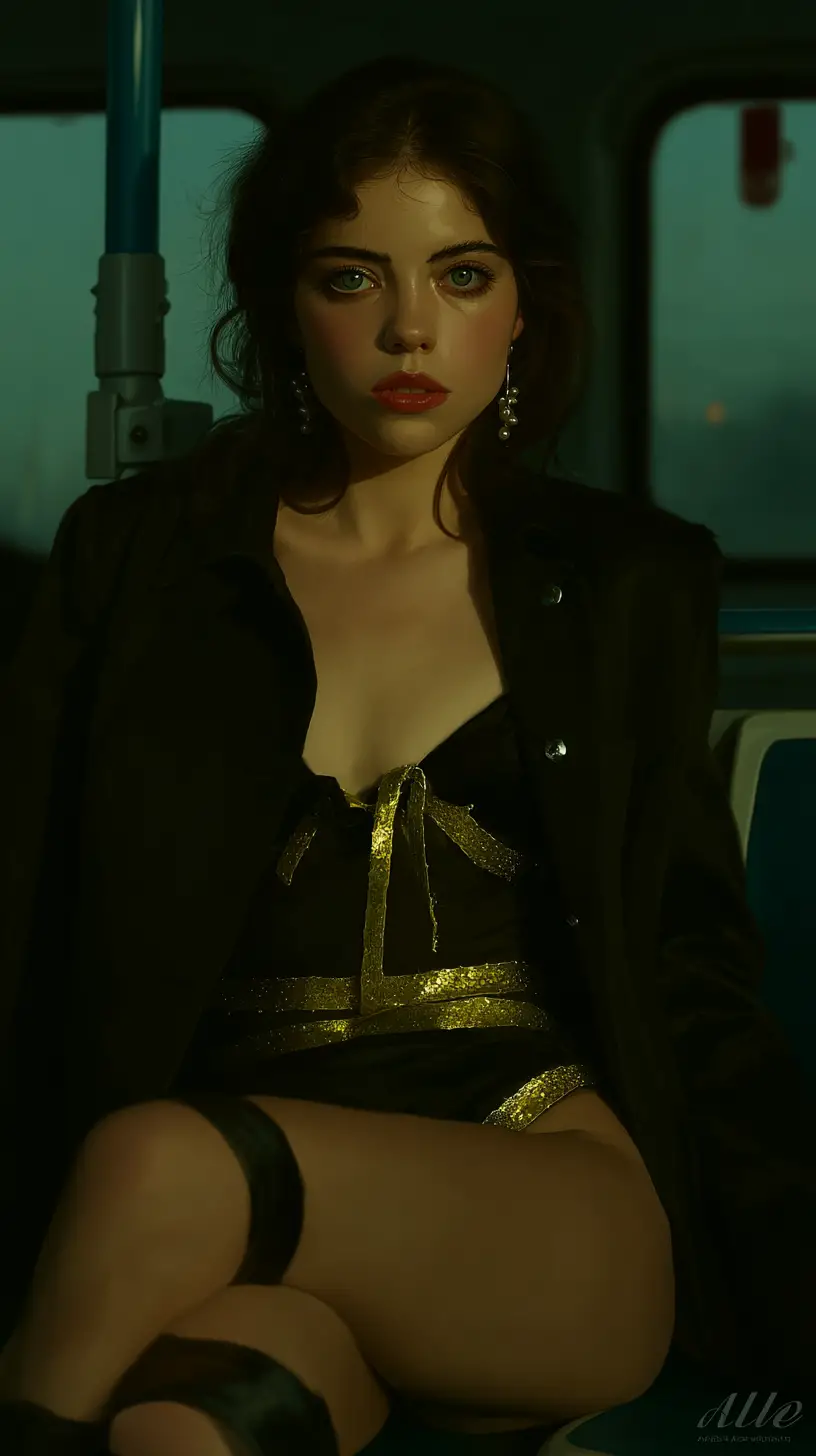 Woman on morning bus with romantic cinematic sunlight