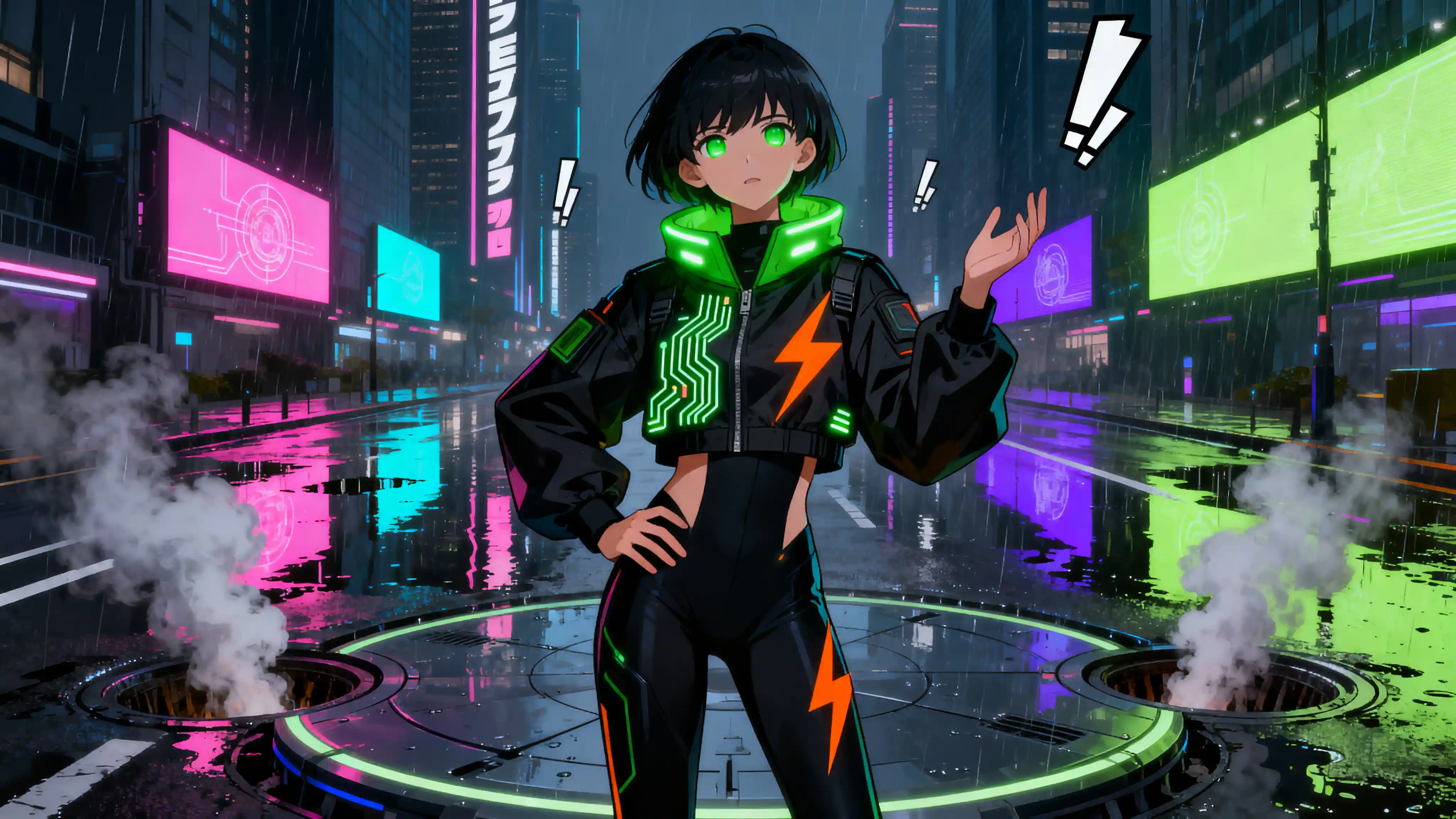 Cyberpunk street pilot facing her rising battle mecha