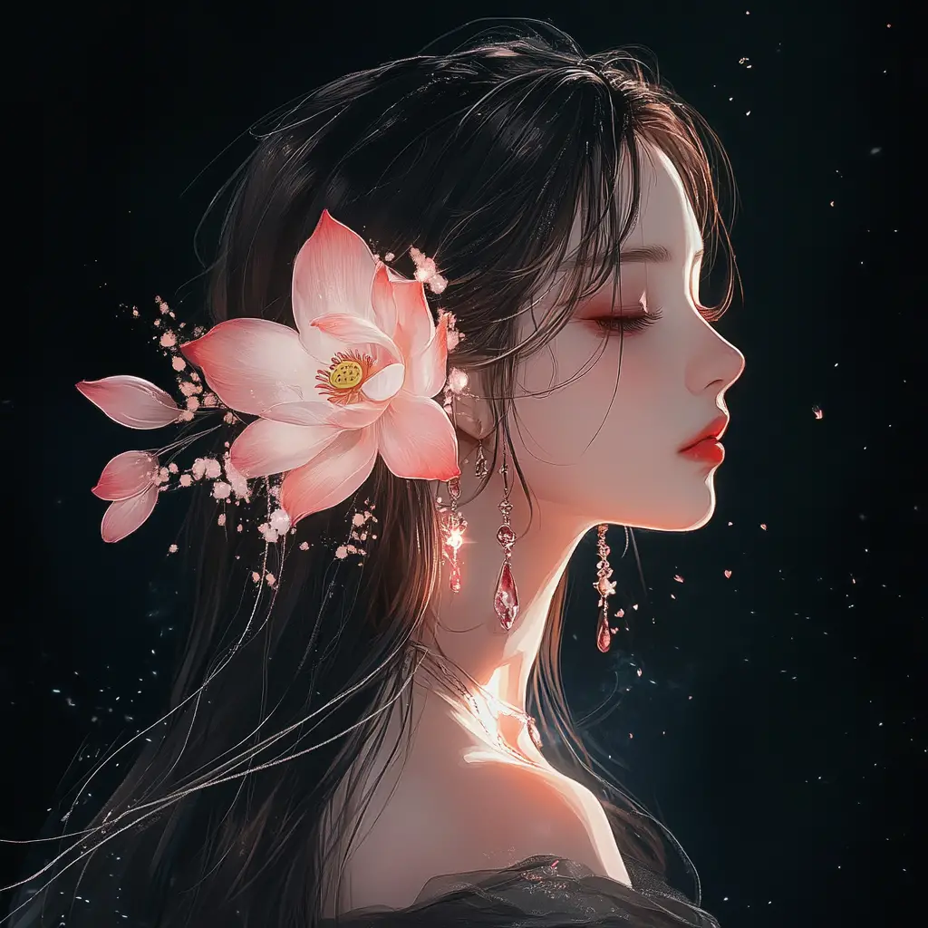 發光蓮花環繞的空靈動漫女子