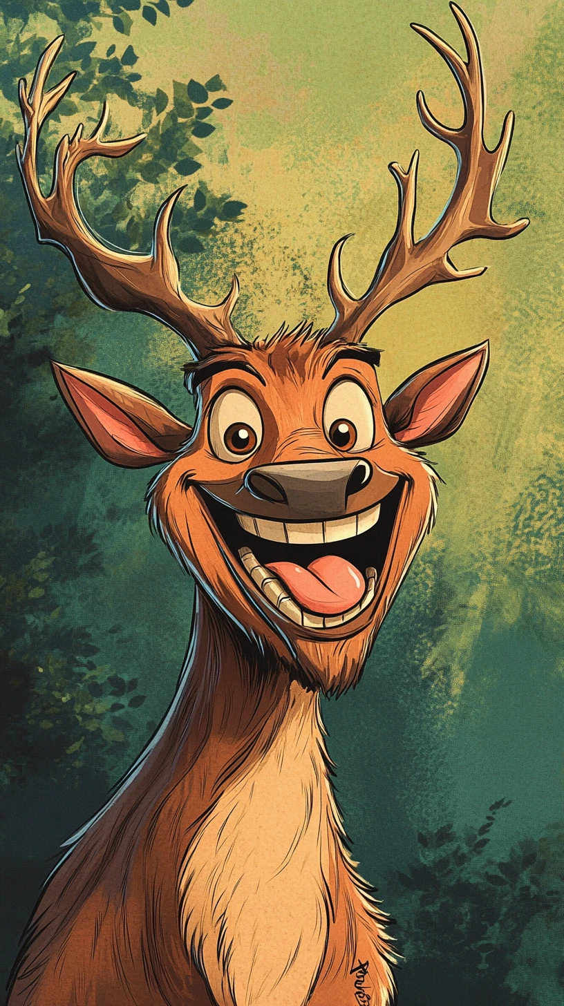 Playful cartoon elk head with friendly smiling expression