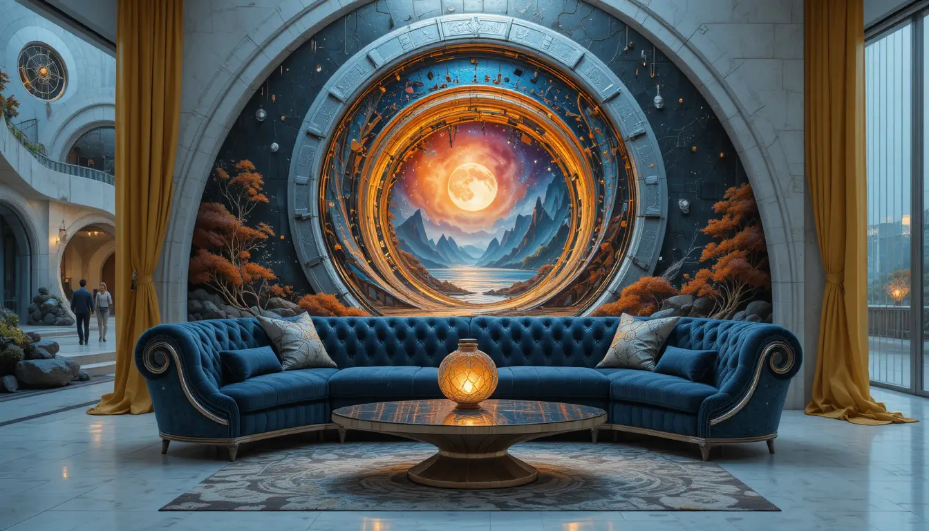 Ville Côtière Blanche Futuriste avec Intérieur de Canapé au Clair de Lune