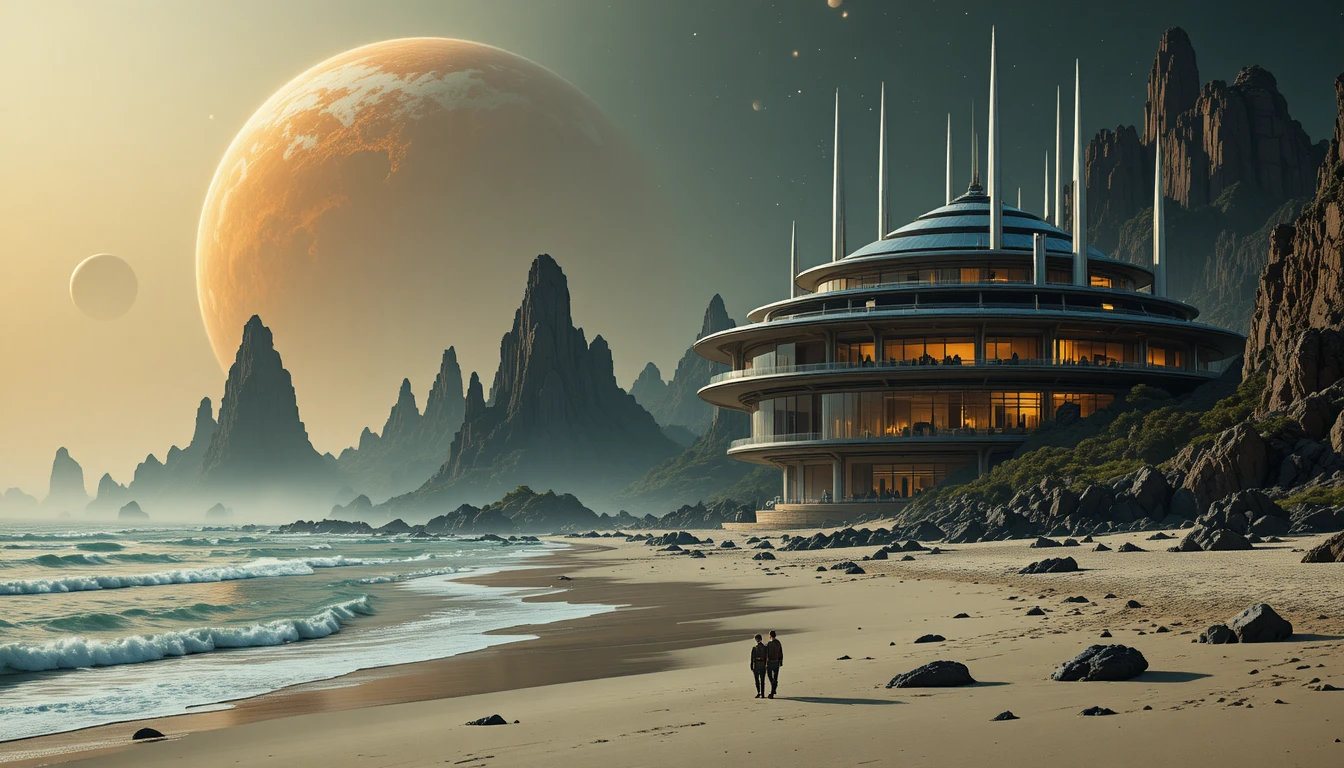 Resort futuristico su una spiaggia aliena sotto un pianeta gigante
