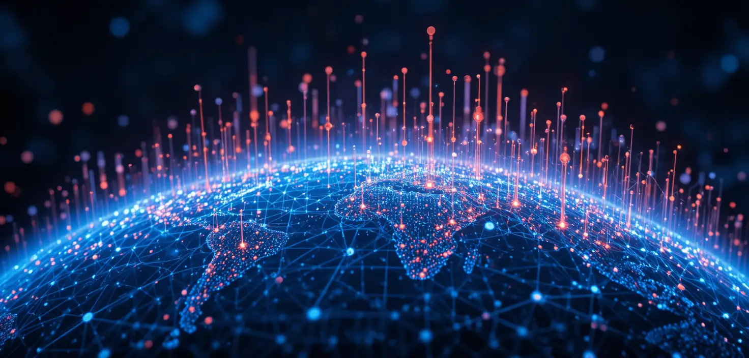 Globales digitales Datennetzwerk, das aus einer dunkelblauen Erde aufsteigt