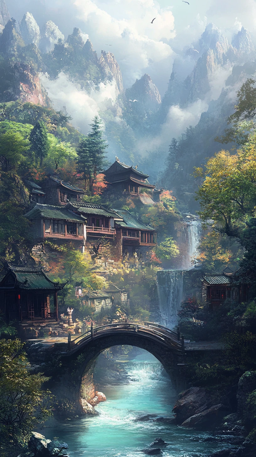 碧綠河畔的寧靜中國山村