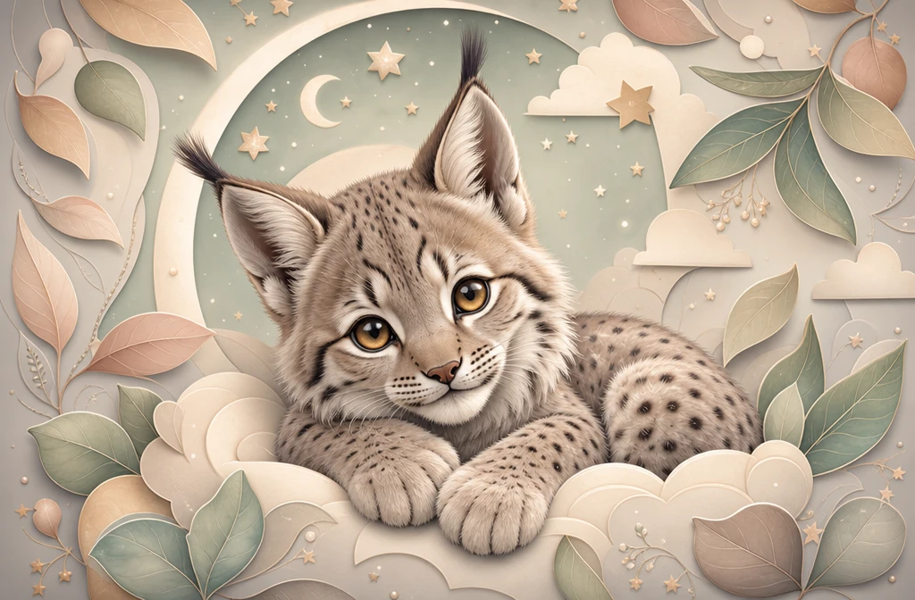 Adorable bébé lynx dans une illustration de chambre de bébé aux tons pastel